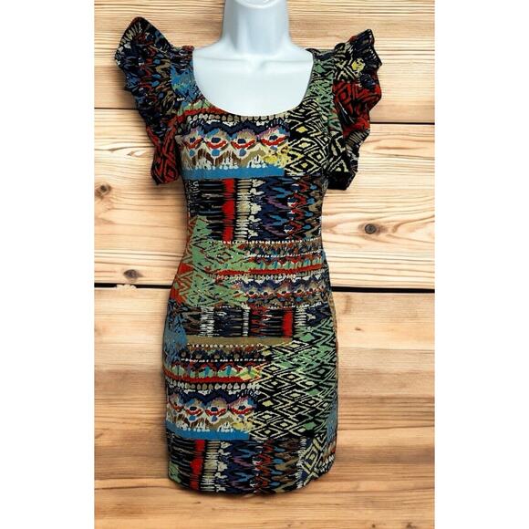 Forever 21 Mini Dress Sz S 80's 90's Inspired Bodycon Fitted Stretch Puff Sleeve - Picture 1 of 5